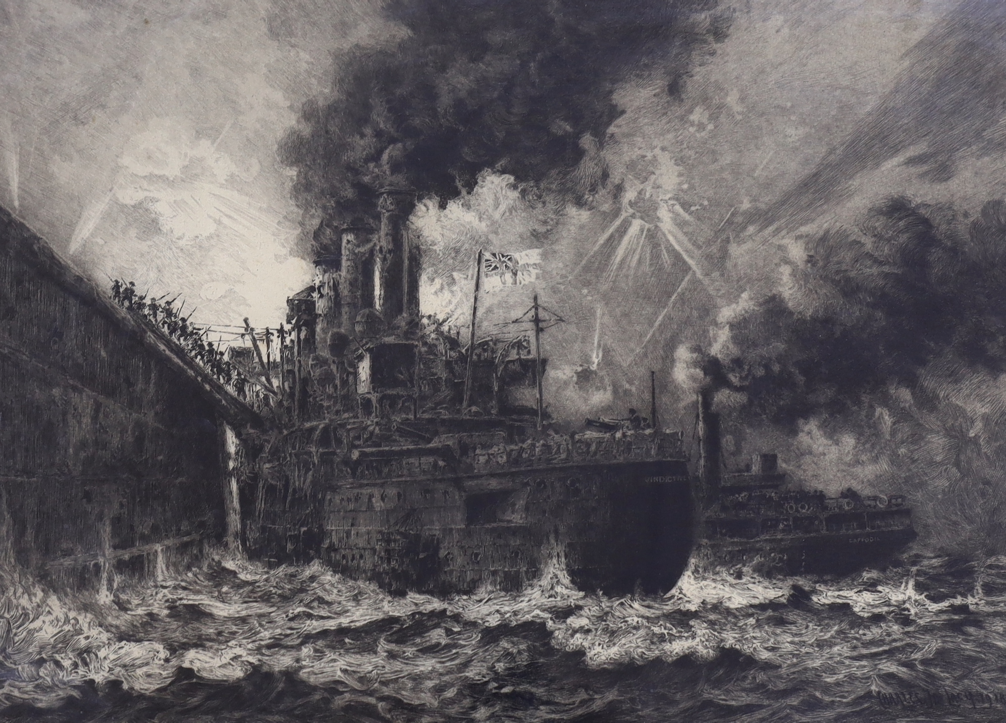 Charles John DeLacy (1856-1936) and Albany E. Howarth (1872-1936), drypoint etching, 'The Storming of Zeebrugge Mole. St George's Day, 23rd April 1918', signed by both artists, 44 x 60cm